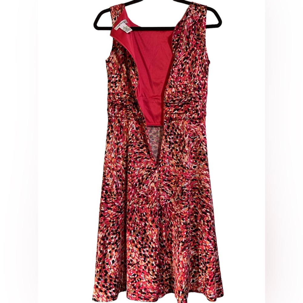 Orvis size 6 ruched fit and flare abstract art print dress pink coral midi - Picture 3 of 6